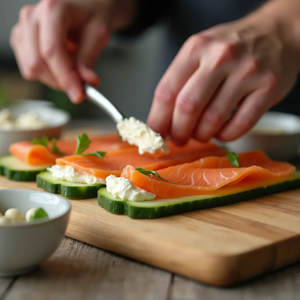 Hands spreading cream cheese on a cucumber slice, preparing to roll smoked salmon on a wooden cutting board.