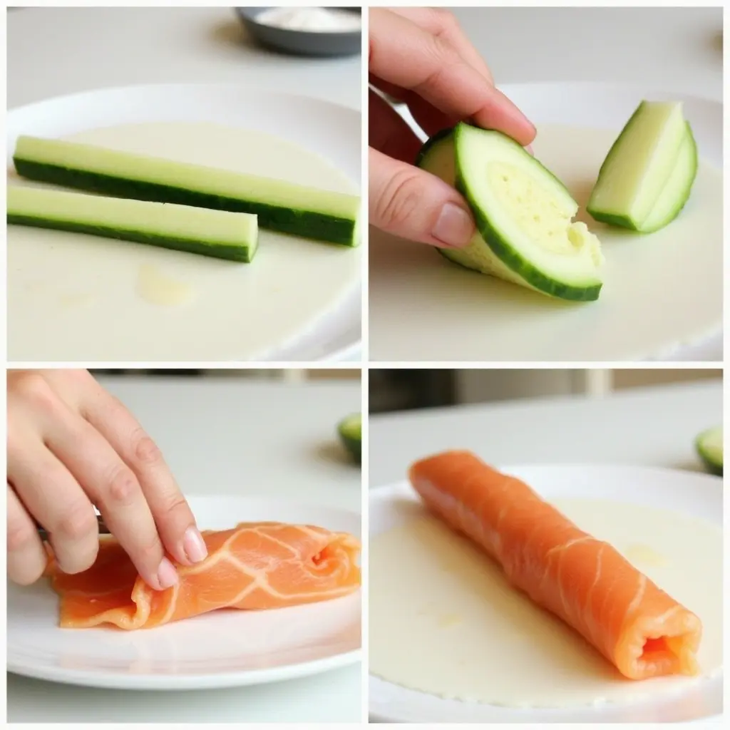 Step-by-step preparation of chatelaine smoked salmon roll on cucumber slices.