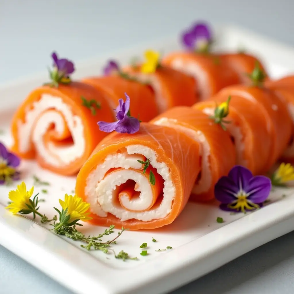 Chatelaine smoked salmon rolls presented on a white platter with decorative garnishes.