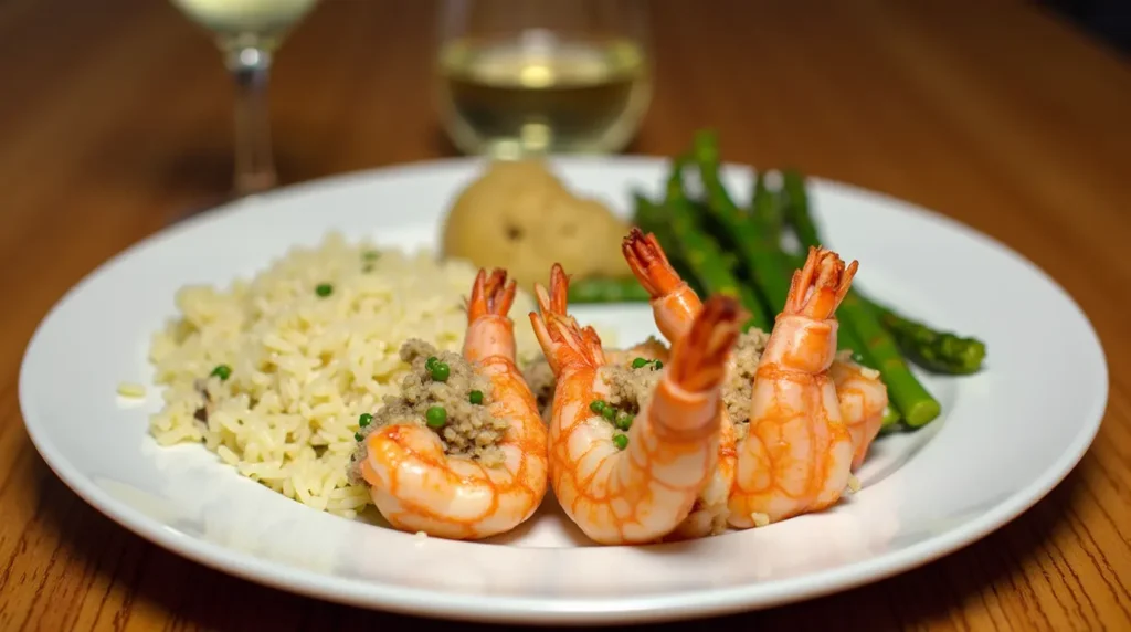 Stuffed shrimp served with garlic butter rice, asparagus, and a glass of white wine.