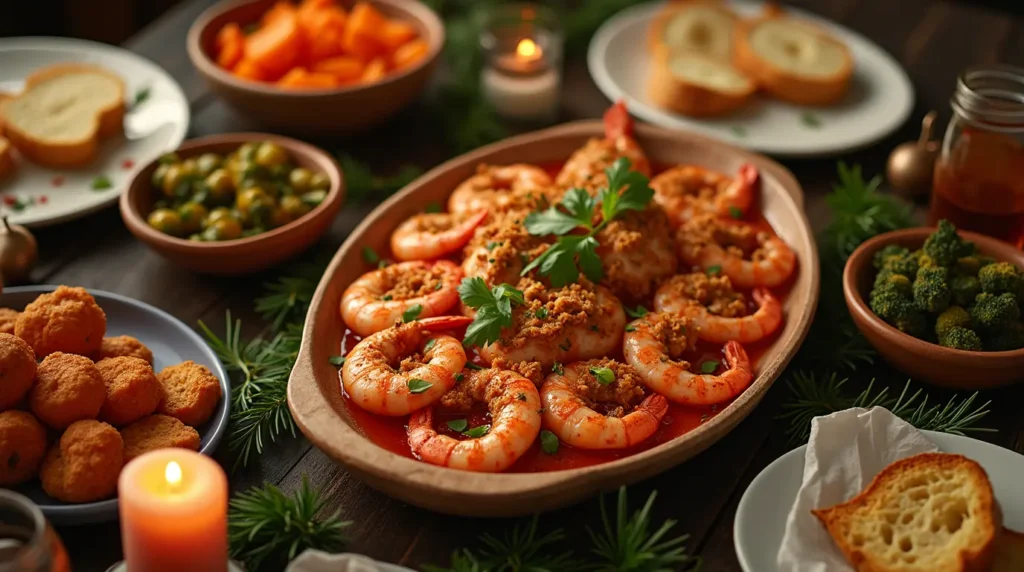 Stuffed shrimp as the centerpiece on a festive dinner table with side dishes and candlelight.