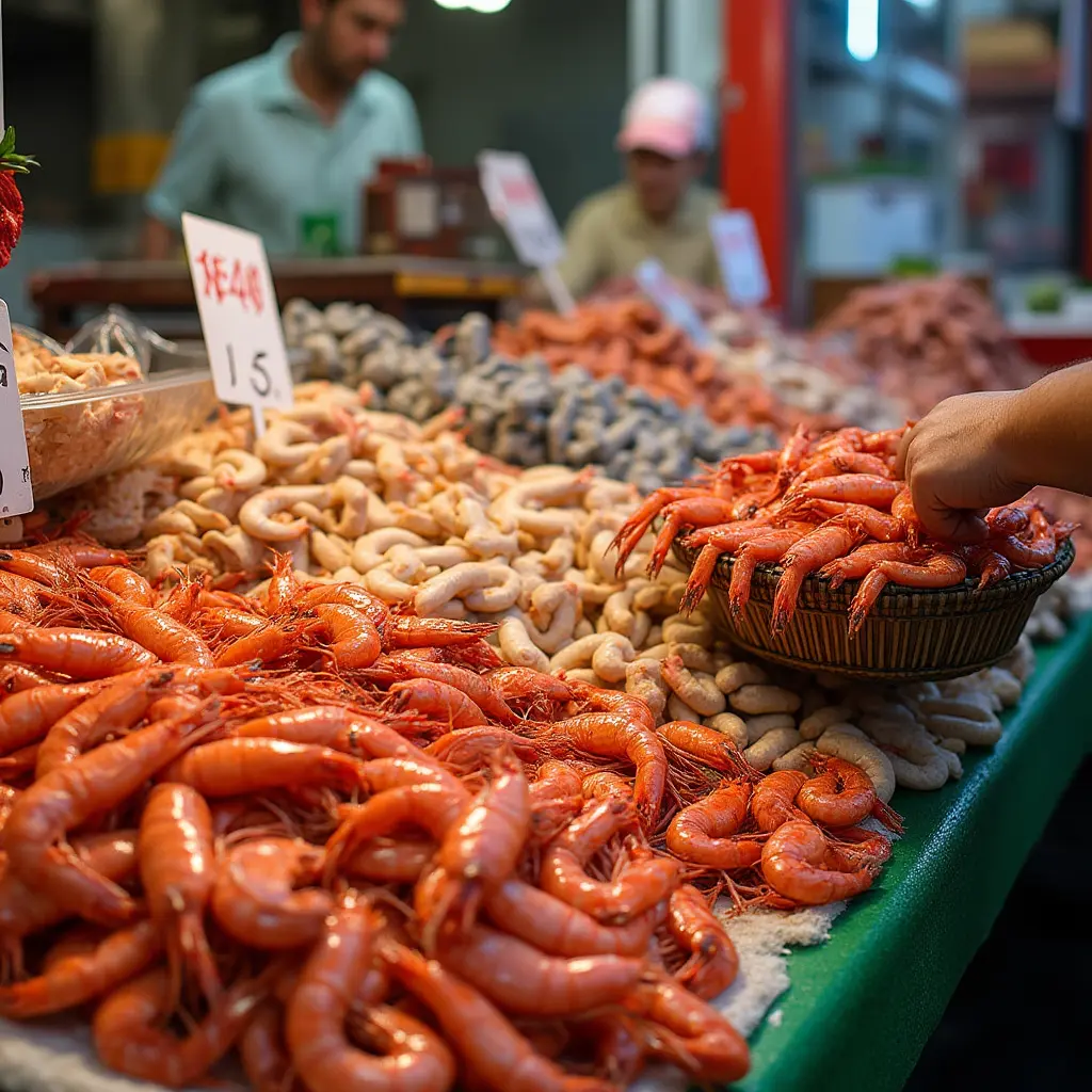 Fresh shrimp and crabs at a seafood market