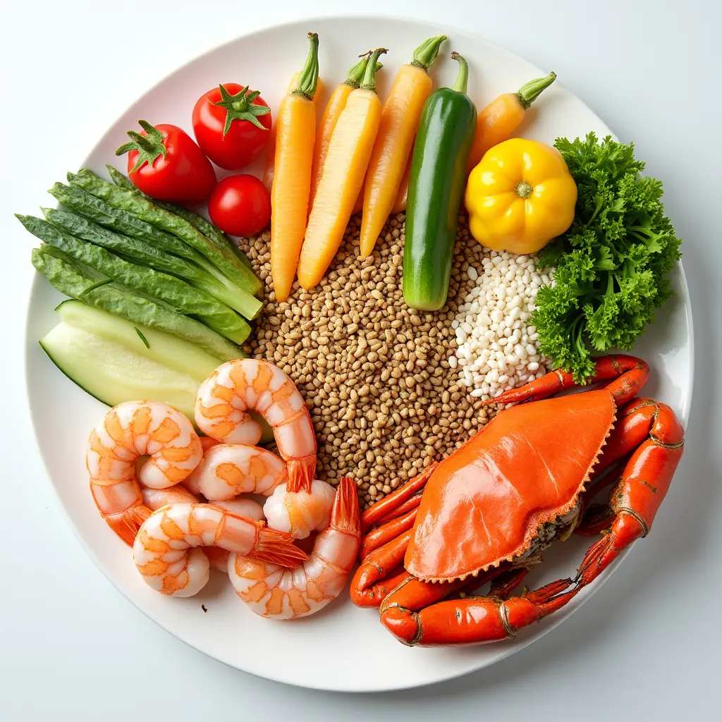 Shrimp and crab with vegetables and grains for a nutritious meal