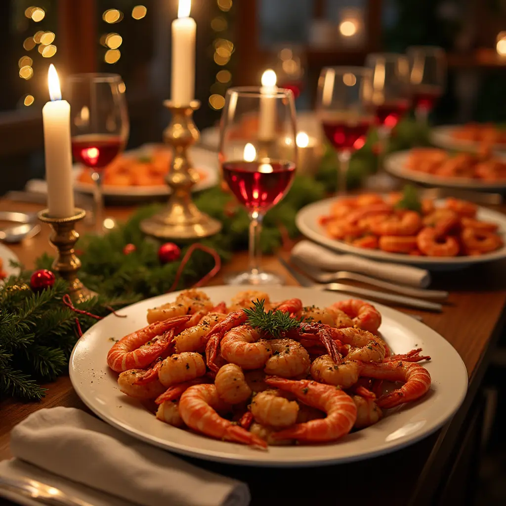 Festive table with shrimp and crab dishes for a special occasion