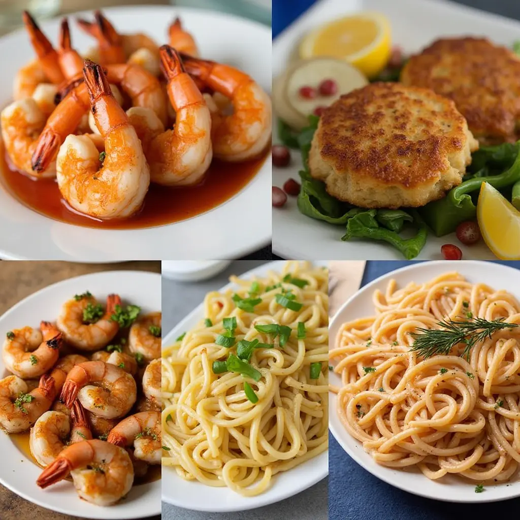 A variety of shrimp and crab dishes on a table