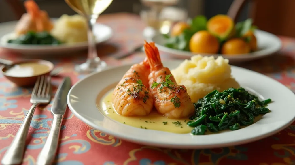 Baked stuffed shrimp served with garlic mashed potatoes, sautéed spinach, and a citrus salad.