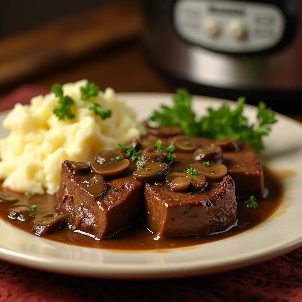 A hearty plate of slow-cooked deer cube steak covered in mushroom gravy, served with mashed potatoes and garnished with fresh parsley in a warm kitchen setting.