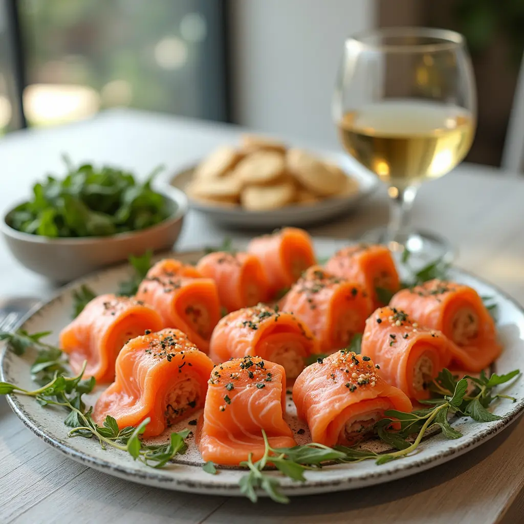 Smoked salmon rolls served with white wine, mixed greens, and crackers on a stylish dining table.