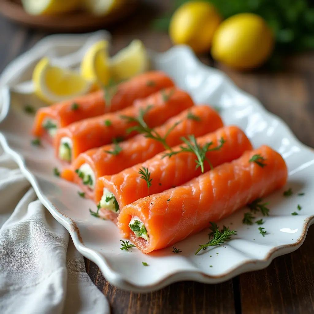 Smoked salmon rolls garnished with dill and lemon wedges, elegantly arranged on a white ceramic platter.