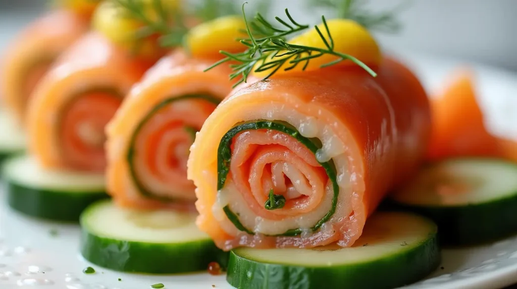 A beautifully rolled smoked salmon roulade on cucumber ribbons, garnished with dill and lemon slices, ready to serve.