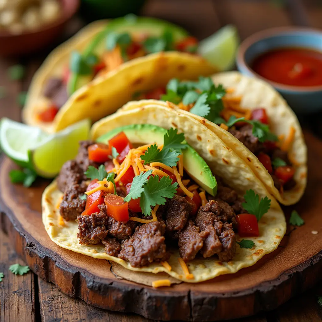 Spicy deer cube steak tacos in soft tortillas filled with sliced steak, avocado, salsa, and cilantro, served on a wooden board with lime wedges and hot sauce.