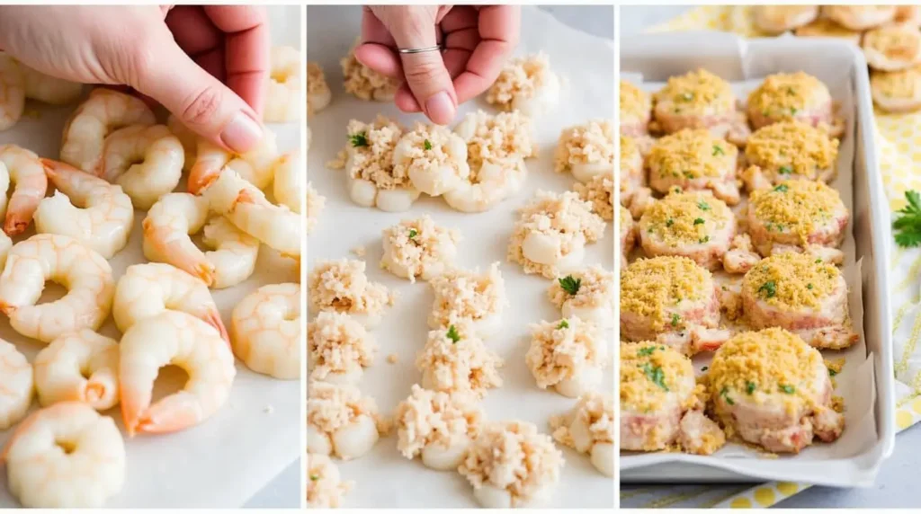 Step-by-step process of preparing baked stuffed shrimp, from raw ingredients to the final dish.