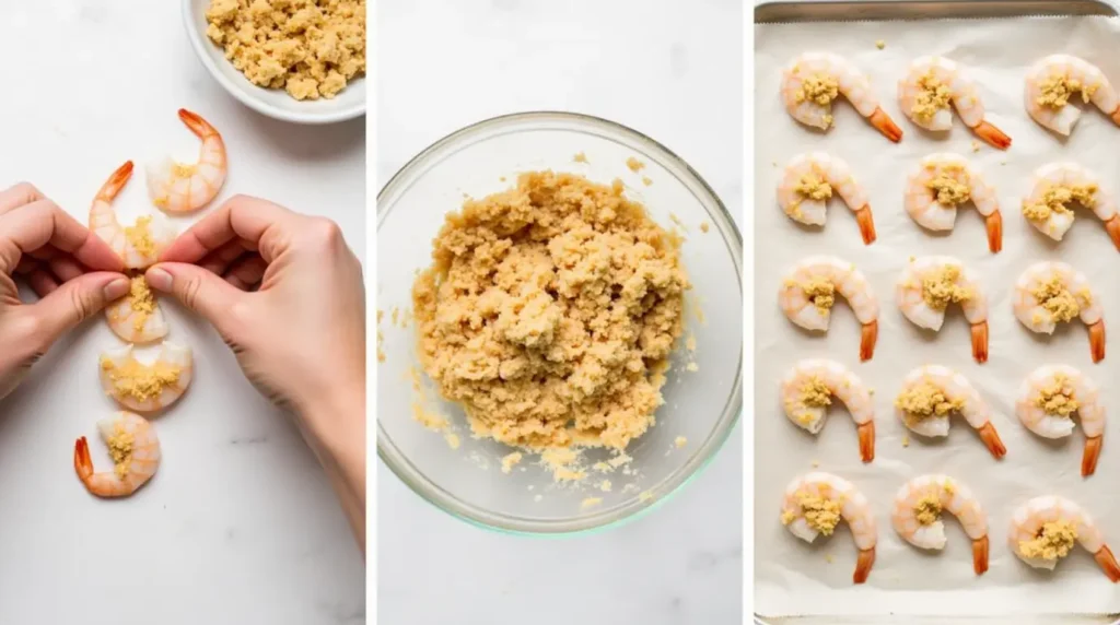 Steps for making stuffed shrimp: butterflying shrimp, preparing stuffing, and arranging on a baking tray.