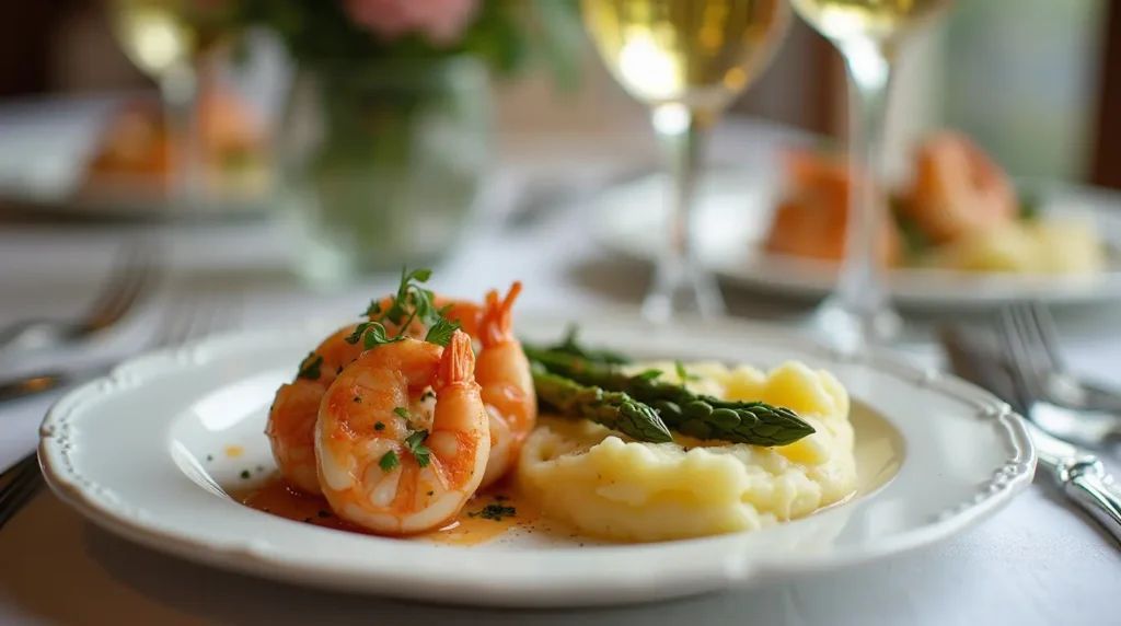 Stuffed shrimp served with sides and wine on a dinner table.