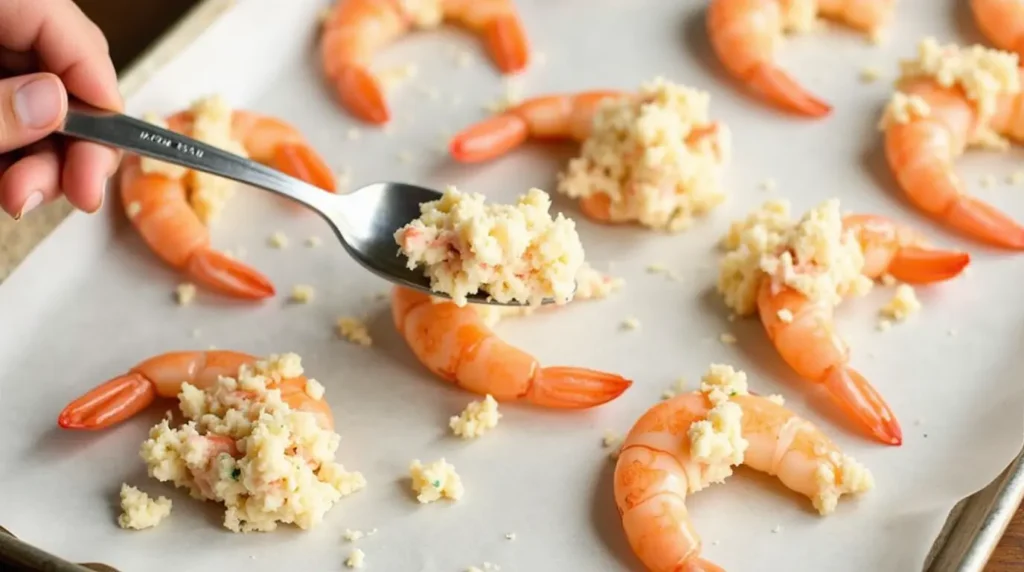 Stuffing large shrimp with crab mixture using a spoon, with the shrimp arranged on a parchment-lined baking sheet.