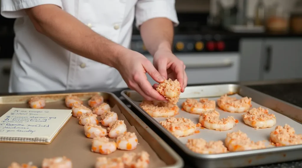 Chef preparing baked stuffed shrimp with a tray of ready-to-bake shrimp.